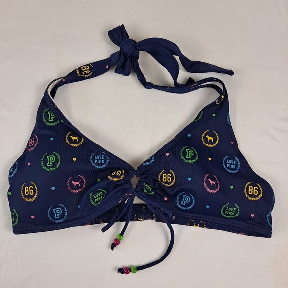 PINK Navy Blue Bikini Top Multi Color Logo Circle/Tie in Center Adj Neck Ties - Picture 2 of 12